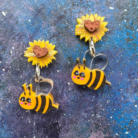 Sunflower and Bee Acrylic Earrings Love Day